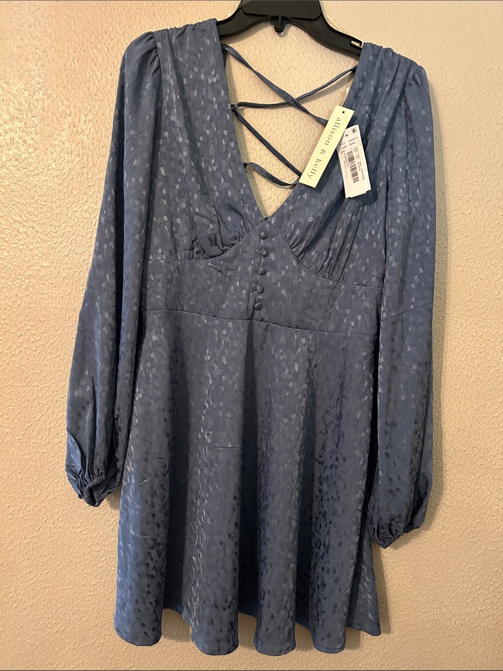 allison & kelly large slate blue patterned V-neck mini dress
